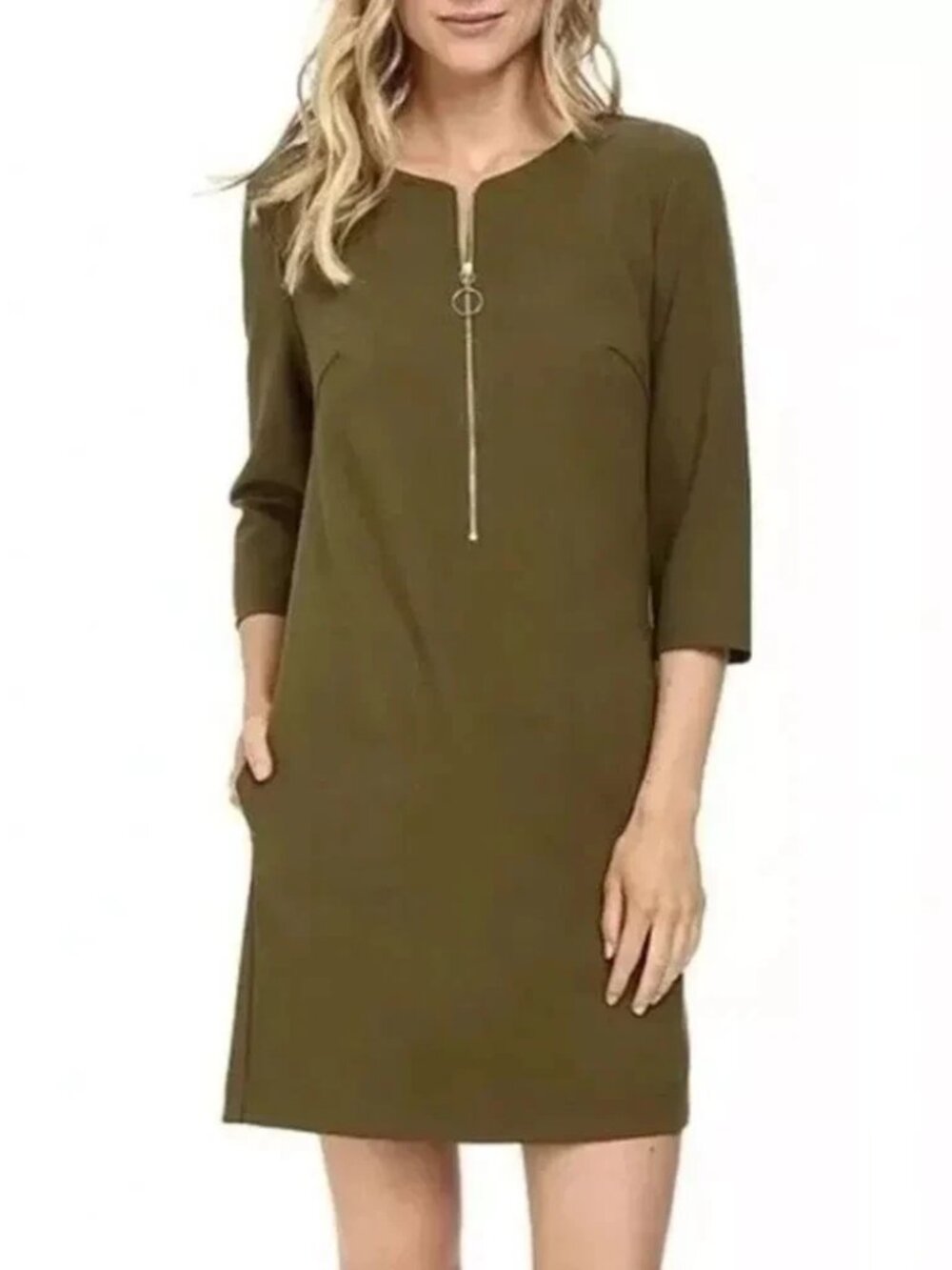 Trina Turk Olive Green Knee Length Autumn Tunic Dress 3/4 Sleeve Zipper Detail